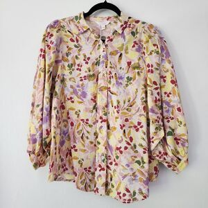 New Lauren Conrad floral 3/4 sleeve button front spring summer top womens size M